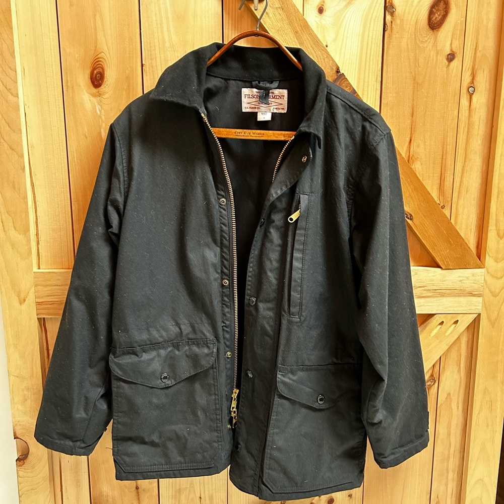 Filson Cover Cloth Mile Marker Coat - Small, Black. INCLUDES add-on Filson Hood.